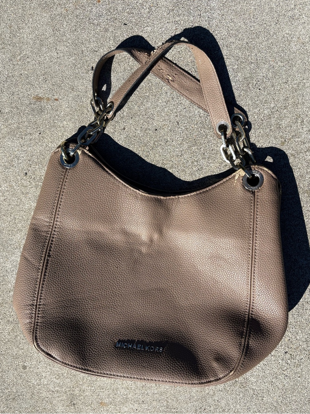 Michael Kors Pebbled Leather Shoulder Hobo in Taupe Brown with Gold Hardware